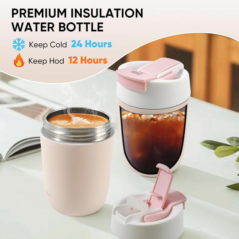 Travel Coffee Mug with Ceramic Coating, 12oz Double Wall Insulated Coffee Tumbler with Lid and Straw, Stainless Steel Leak Proof Tumbler Reusable Coffee Cup for Cold&Hot Drinks, Men Women, Pink
