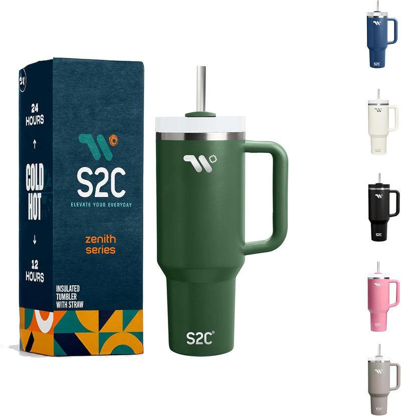 S2C 40oz Stainless Steel Tumbler with Handle & Straw – Double Wall Vacuum Insulated Mug – Leakproof, BPA-Free, Keeps Drinks Hot & Cold – Ideal for Office, Gym, Travel – Fits Car Cup Holder–(Blue)