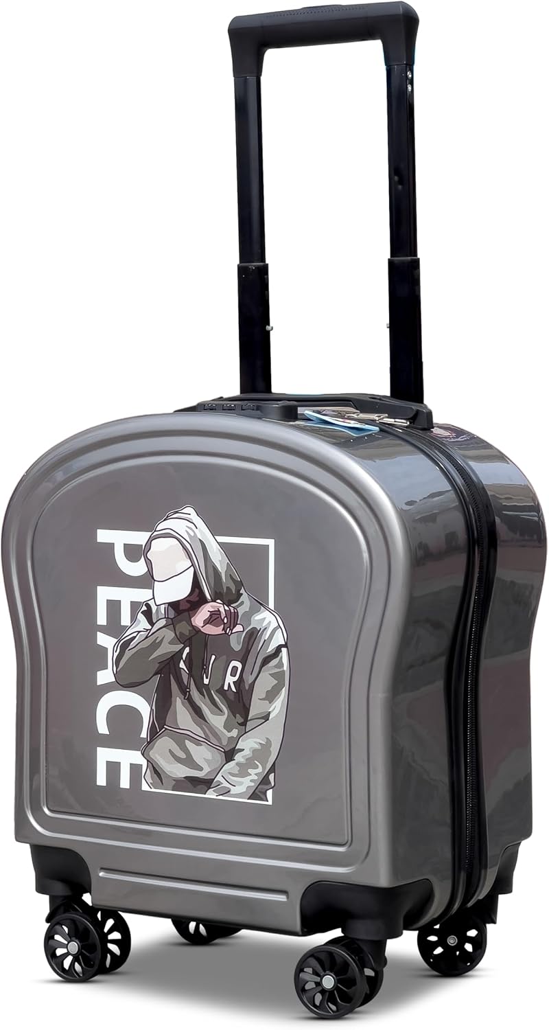 Kids Cute Printed ABS Lightweight 17 Inch (7kg) Cabin Size Luggage, 8 Wheels, Combination Lock Suitcase (Grey) - Grey