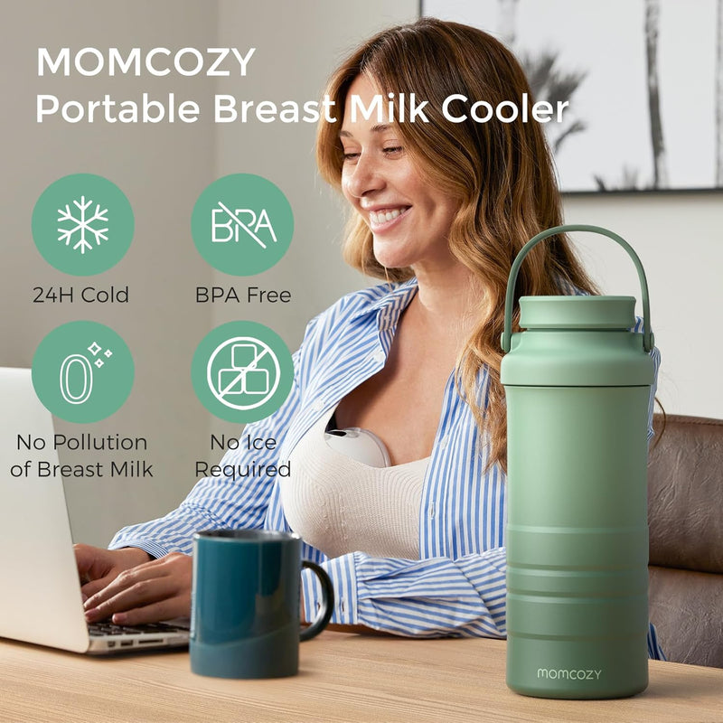 Momcozy 22oz Portable Breast Milk Cooler for Outdoor, Life Saver with 360 Total Cooling for 24 Hours, Larger Capacity Travel Breastmilk Chiller with 2pcs Baby Bottles for Breastmilk Storage, Green