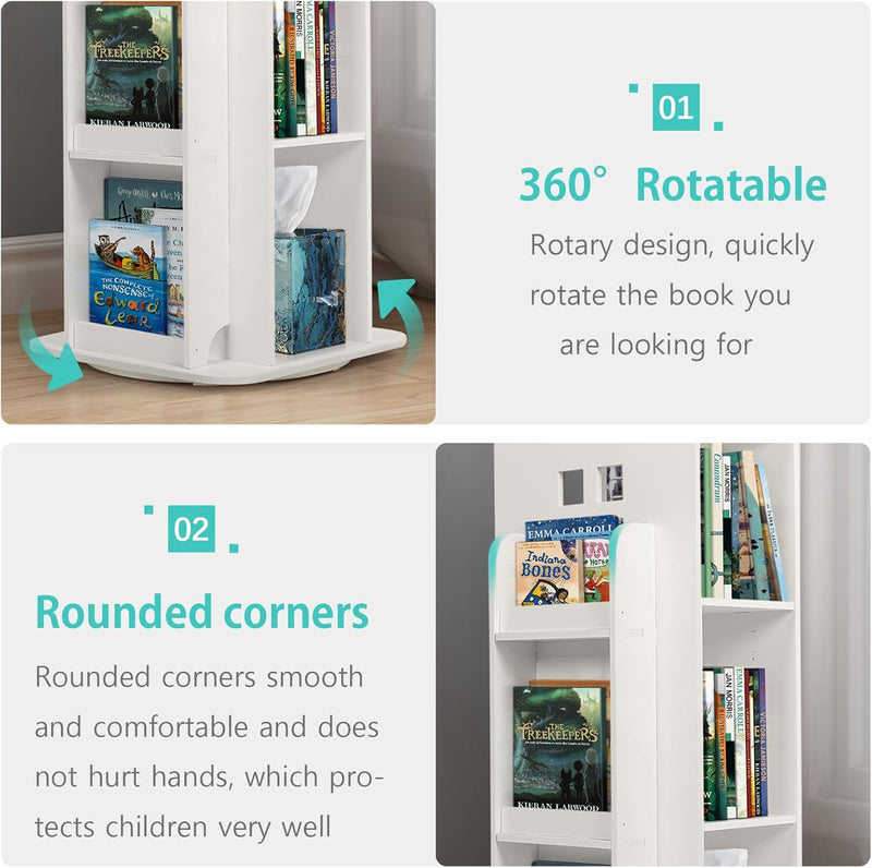 Rotating Bookshelf 3-Tier 360 Revolving Children's Bookcase Floor Standing Corner Books Storage Shelf for Playroom Study Room Bedroom Livingroom Kids Room