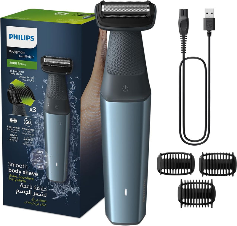 Philips Bodygroom BG3027/03 Showerproof Groin & Body Trimmer Body Shaver, 3-Length Combs 60min Cordless, Skin Protection, Ergonomic Grip - BG3027/03