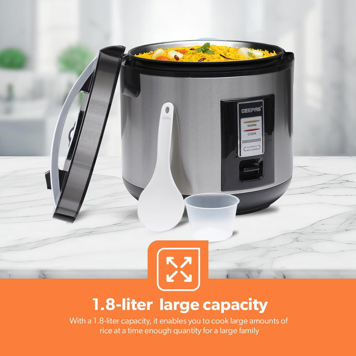 Geepas 1.8L Stainless Steel Rice Cooker- GRC4330| 700W, Non-Stick Inner Pot | Cook/Steam/Keep Warm Functions, Make Rice and Steam Healthy Vegetables | 2-Year Warranty