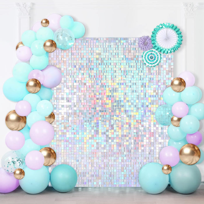LuoluoHouse Shimmer Wall Panel Sequin Backdrop Panels 12 Packs-Iridescent Silver Backdrop for Graduation Anniversary Backdrop Wall Backdrops Engagement Decoration