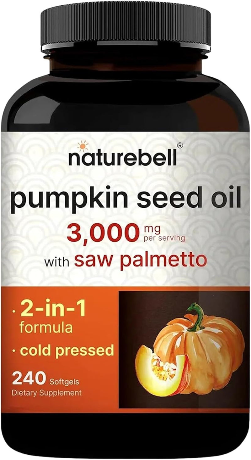 Virgin Pumpkin Seed Oil 3,000mg Per Serving with Saw Palmetto, 240 Softgel Capsules Cold Pressed Rich in Omega 6 & 9 Essential Fatty Acids Prostate & Bladder Supplements, Non-GMO - 240 Count (Pack of 1)