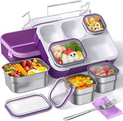 GGEROU Stainless Steel Lunch Box for Kid School,Insulated Bento Lunch Box with Tableware & Bag,720ML 3 Compartment Divided Lunch Containers with Lids,Leakproof BFA Free Dishwasher Safe (Purple) - Purple/1000ML