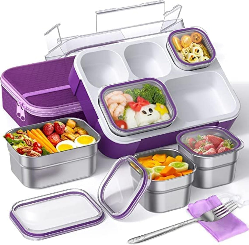 GGEROU Stainless Steel Lunch Box for Kid School,Insulated Bento Lunch Box with Tableware & Bag,720ML 3 Compartment Divided Lunch Containers with Lids,Leakproof BFA Free Dishwasher Safe (Purple) - Purple/1000ML