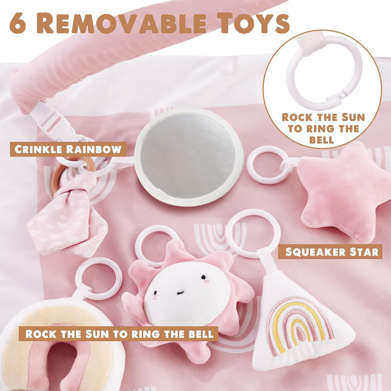 Washable Baby Gym Activity Center with Play Mat, Early Development Playmats, 6 Toys for Infant & Toddler, Larger, Non Slip,Pink