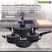 Royalford Chef Art Aluminium Cookware Set, 7 Pieces, Black, RF9557, Scratch Resistant, Tempered Glass Lids, 2.5MM Body Thickness, Bakelite Knobs, and CD Bottom