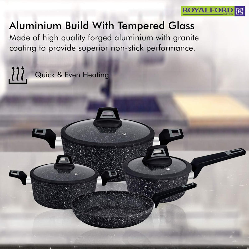 Royalford Chef Art Aluminium Cookware Set, 7 Pieces, Black, RF9557, Scratch Resistant, Tempered Glass Lids, 2.5MM Body Thickness, Bakelite Knobs, and CD Bottom