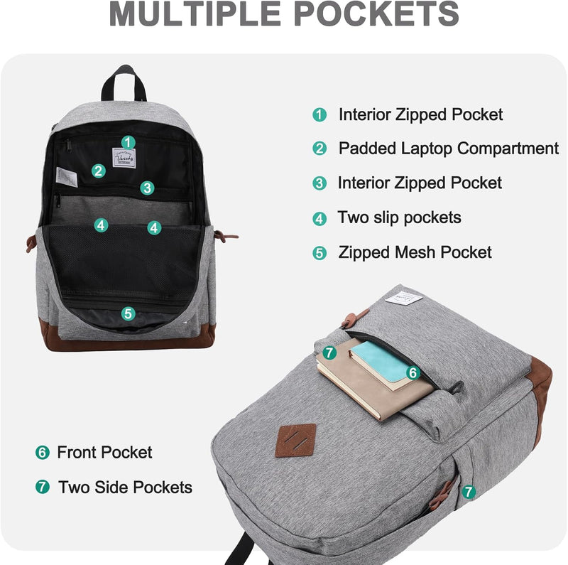 VASCHY Men's Backpack, Women's Waterproof School Bag, Boy Girl Computer 15.6 Inch Vintage for School, College, Work, Travel, Leisure