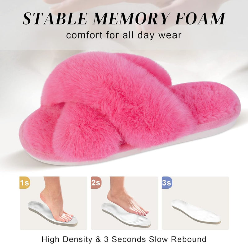Women's Cross Band Slippers Soft Plush Furry Cozy Open Toe House Shoes Indoor Outdoor Faux Rabbit Fur Warm Comfy Slip On Breathable