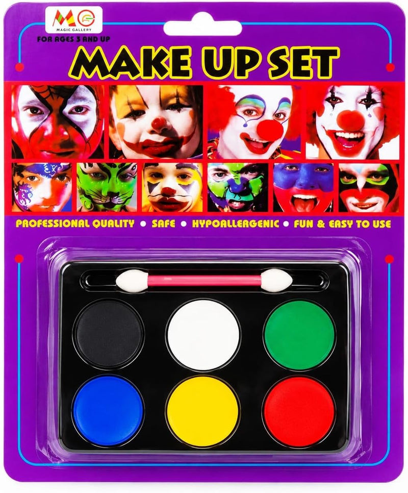 Face Paint Palette Set - 6 Vibrant Classic Colors with Double-Ended Applicator Brush, Hypoallergenic Non-Toxic Body Makeup Kit for Halloween, Cosplay, Parties, Festivals & Fancy Dress