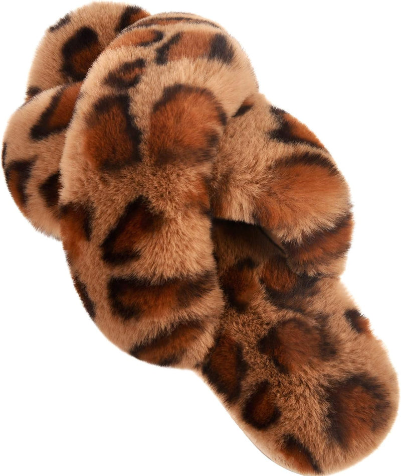 Women's Cross Band Slippers Soft Plush Furry Cozy Open Toe House Shoes Indoor Outdoor Faux Rabbit Fur Warm Comfy Slip On Breathable