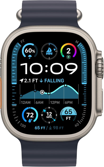 Apple Watch Ultra 2 GPS + Cellular 49mm Smartwatch, Sports Watch with Natural Rugged Titanium Case with Navy Ocean Band. Fitness Tracker, Precision GPS, Extra-Long Battery Life (Renewed)