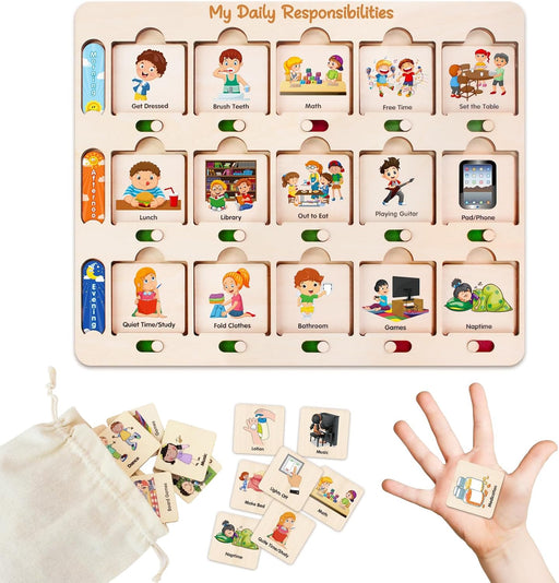 Wooden Visual Schedule for Kids Chore Chart, Morning Bedtime Daily Routine Chart for Toddlers, Autism Learning Materials for Homeschool Classroom,76 Wooden Cards.