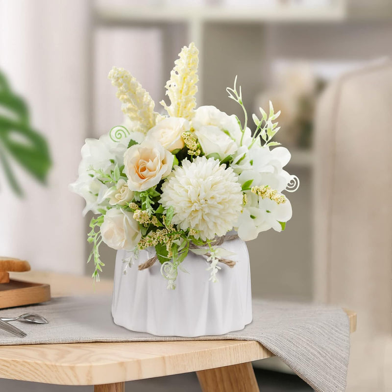 UCHUANG Fake Flowers with Vase, Artificial Roses Bouquet in Vase, Centerpiece Table Decorations for Coffee Table, Living Room, Dining Table, Office, Kitchen, Home Room Decor(White, with Glass Vase)