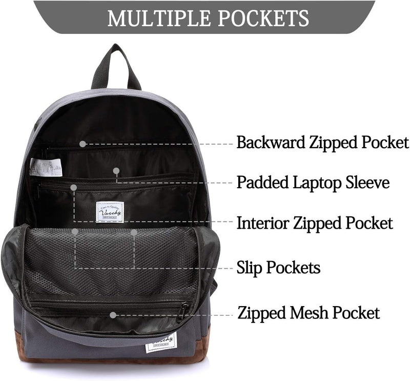 VASCHY Men's Backpack, Women's Waterproof School Bag, Boy Girl Computer 15.6 Inch Vintage for School, College, Work, Travel, Leisure