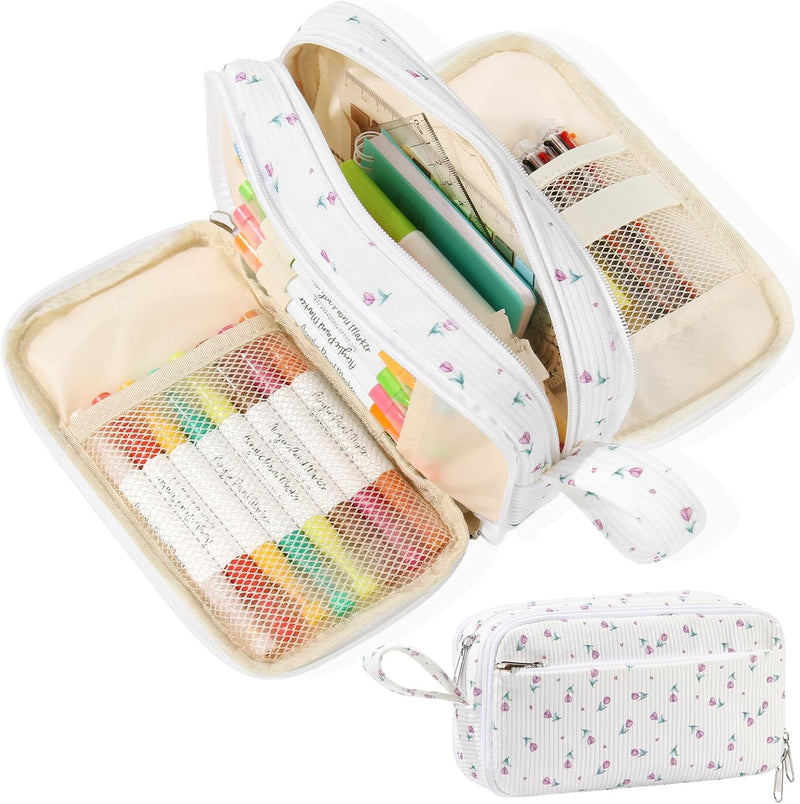 BuyCard Large Capacity Cute Pencil Case, Aesthetic Pen Pouch, White with Pink Bow Pattern Pencil Bag, Kawaii Stationery Storage and Organizer, Supplies for Teen and Adult Girls - Purple Floral