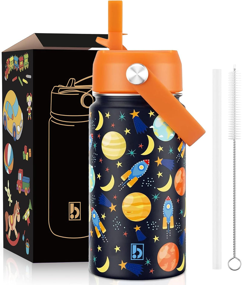 Kids Water Bottle 410ml Stainless Steel Hydro Flask Double Wall Insulated Thermal Bottle with Straw Lid BPA Free Cup Hot Cold Sports Toddler School Boys Girls 14oz (DINOSAUR BLUE 410ML) - SPACE