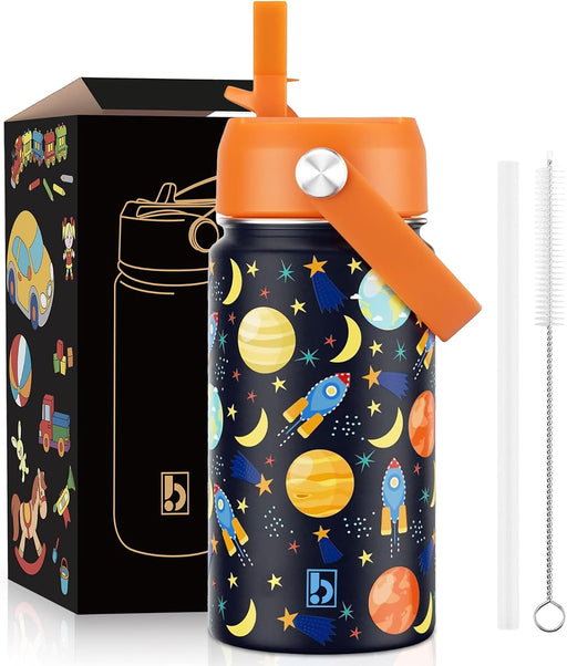 Kids Water Bottle 410ml Stainless Steel Hydro Flask Double Wall Insulated Thermos Bottle with Straw Lid BPA Free Cup Hot Cold Sports Toddler School Boys Girls 14oz (SPACE 410ML) - SPACE