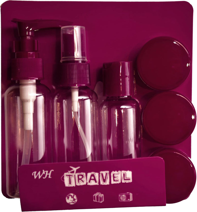 Travel Bottles Set 7pcs Empty Plastic Leak Proof Travel Toiletry Set Container Makeup Bottle Travel Contains 2 Bottles for Liquid 1 Bottle for Spray 3 Jars for Cream and 1 Spatula Burgundy (Burgundy)