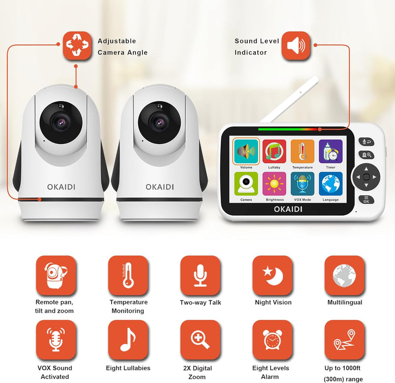 OKAIDI Video Baby Monitor with Camera and Audio, 5" Display Baby Monitor No WiFi, 30H Battery and 1000ft Range Baby Monitor, Remote Pan-Tilt-Zoom Baby Camera, Night Vision, 2-Way Talk, VOX,Temperature