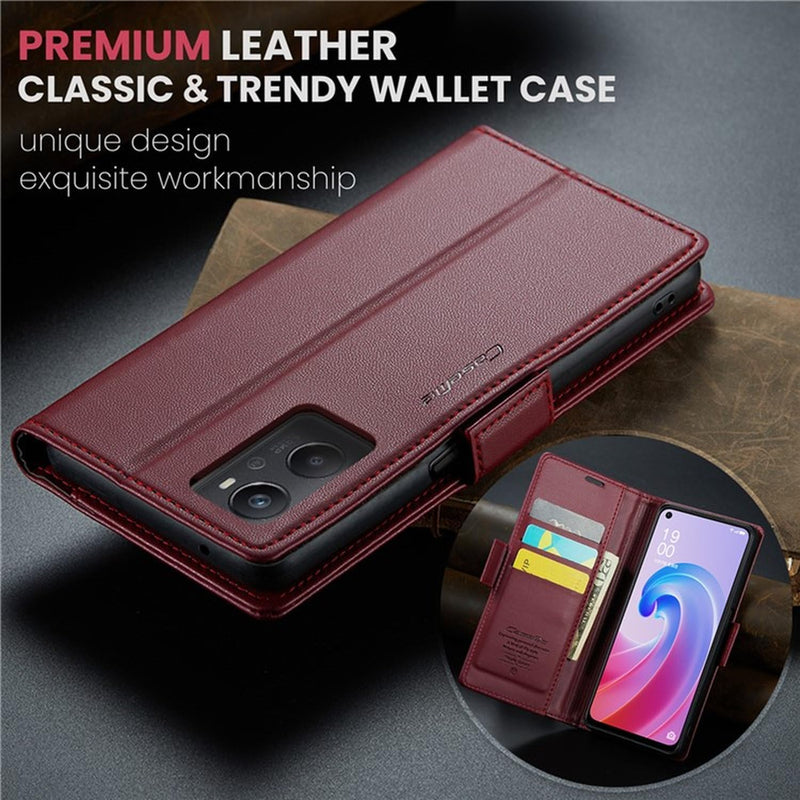 For Oppo A96 4G / A36 / A76 / K10 4G / Realme 9i 4G Leather Case RFID Blocking 3 Card Slot Mobile Cover - Red