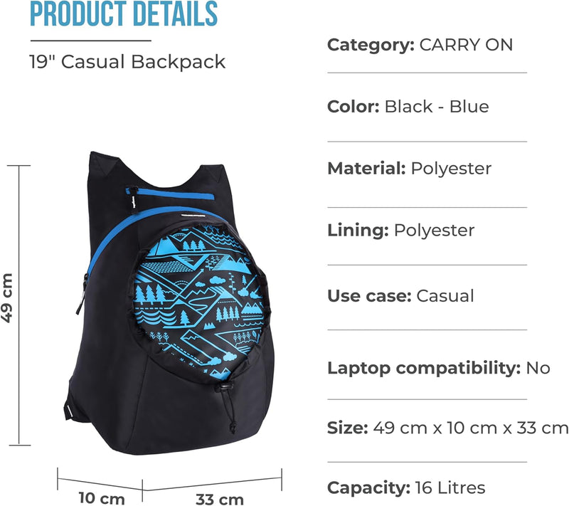 CarryOn 16L Small Foldable Water Resistant Unisex Casual/Hiking Backpack/Daypack- Blue and Black