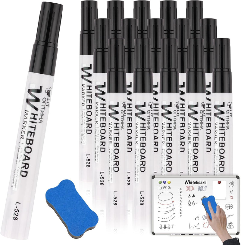 Deepton 15 Pcs Whiteboard Pens, Dry Erase Markers, White Board Markers Erasable with Magnetic Erasers, Dry Wipe Pens for Whiteboard, White Board Pens Colour for Kids Office Schools Home - Black