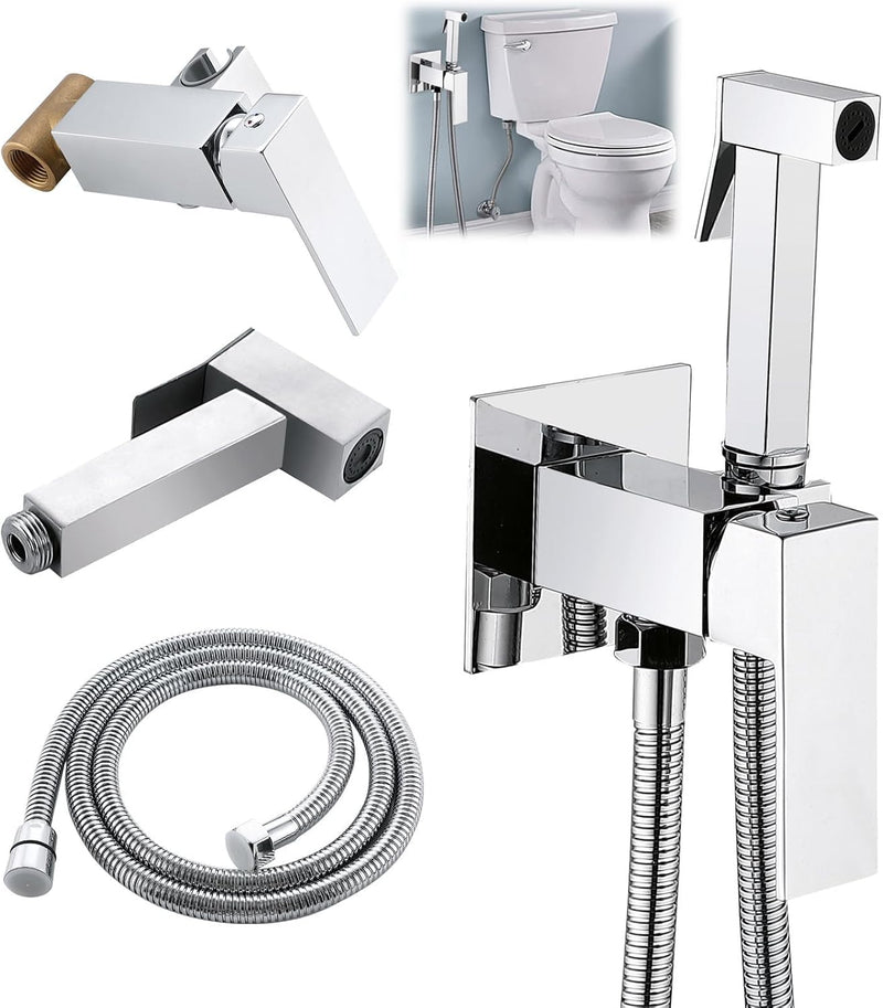 Azonee Warm Water Bidet Sprayer Faucet for Toilet with Hot and Cold Brass Rough-in Valve, Stainless Steel Square Handheld Bidet Attachment Set for Feminine, Pets and Baby Diaper Washing