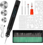 Electric Engraving Pen with 37 Bits, USB Rechargeable Cordless Etching Engraving Tool, Portable DIY Rotary Engraver for Jewelry Wood Glass Stone Carving (Silver) - Black