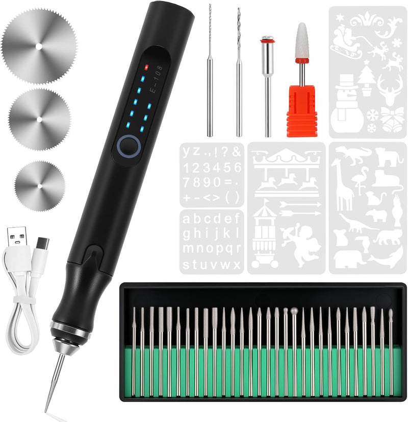 Electric Engraving Pen with 37 Bits, USB Rechargeable Cordless Etching Engraving Tool, Portable DIY Rotary Engraver for Jewelry Wood Glass Stone Carving (Silver) - Black