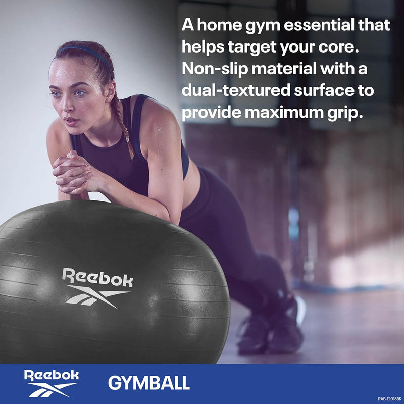 Reebok Gymball - Exercise Ball with Dual Textured Non-Slip Surface for Maximum Grip - for Core Workout, Improving Stability, and Posture at Home or The Gym - Pump Included - Black