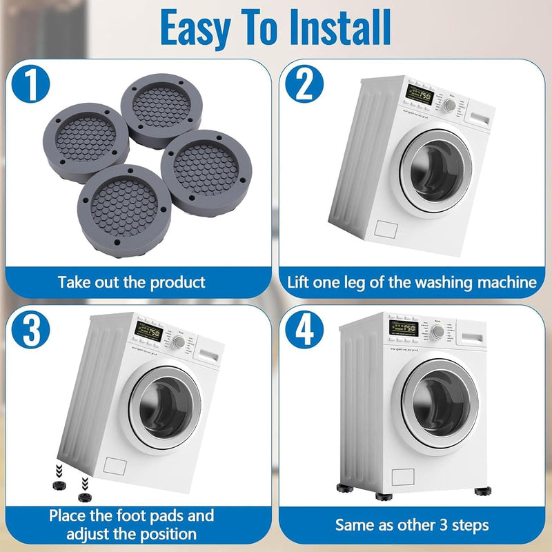 Anti Vibration Pads for Washing Machine, Washer Dryer Pedestals Fits All Machines, Stops Washer Dryer Moving and Prevents Noise, 4Pcs Silicone Washer Dryer Support Foot Pads (Grey)