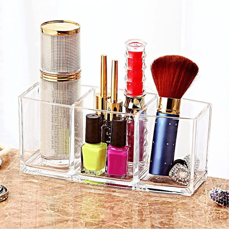 Clear Makeup Brush Holder Organizer with 3 Slots, Clear Cosmetic Brushes Container for Eyebrow Pen Comb Power Brush, Desktop Pen Pencil Storage Organizer