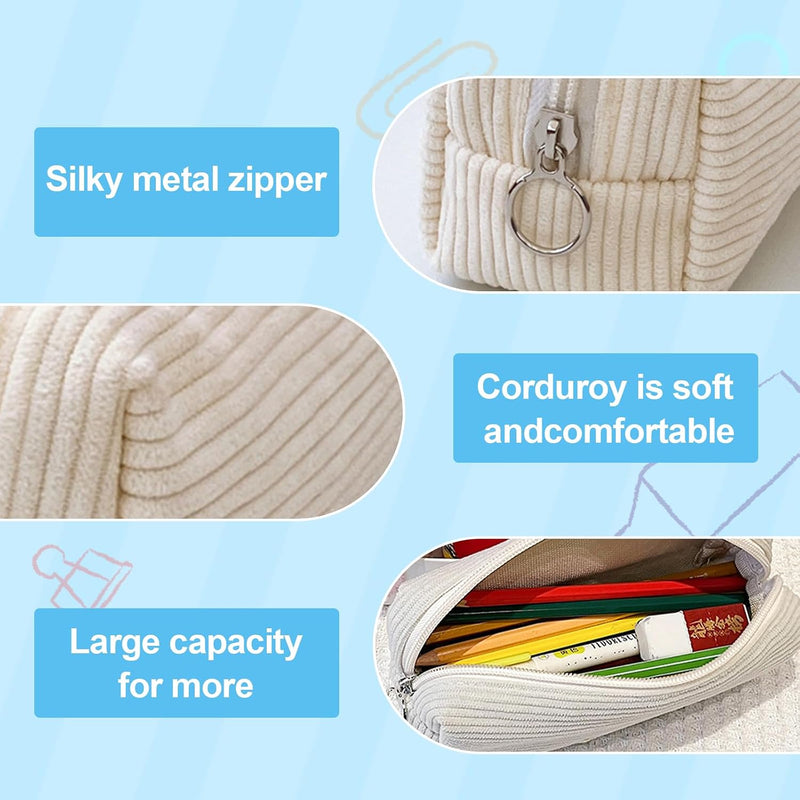 2 Pieces Pencil Case, Monochrome Pencil Case, Corduroy Pencil Case, for School, Office, Travel, Black And Cream, No