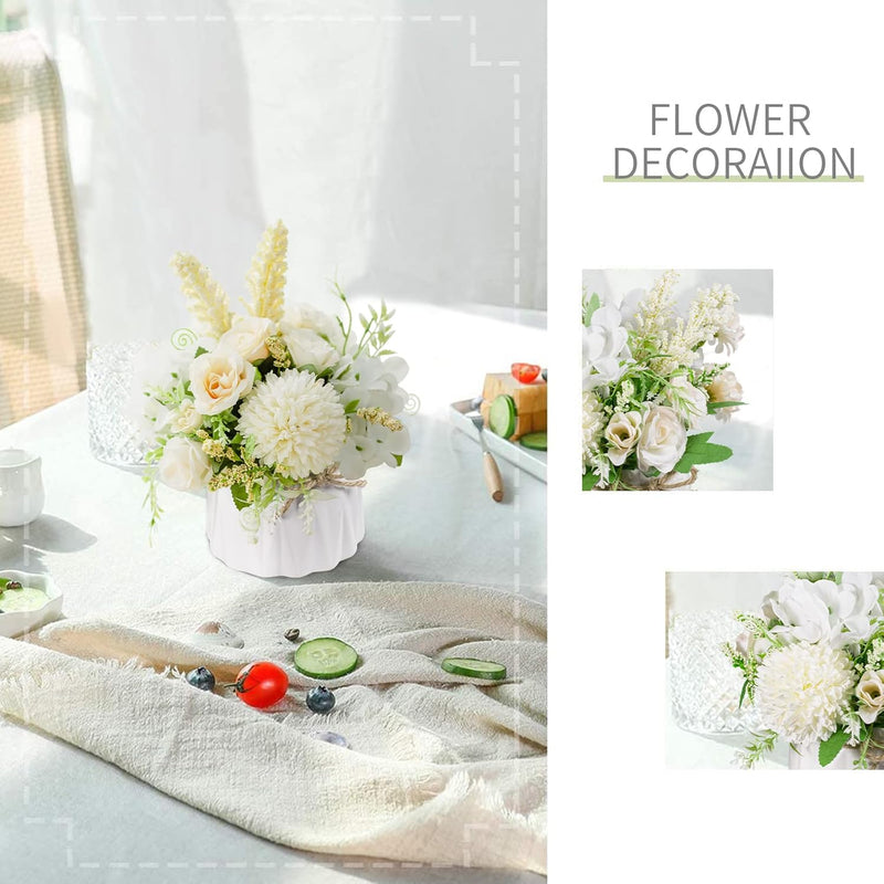 UCHUANG Fake Flowers with Vase, Artificial Roses Bouquet in Vase, Centerpiece Table Decorations for Coffee Table, Living Room, Dining Table, Office, Kitchen, Home Room Decor(White, with Glass Vase)