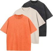 Mens Cotton T-Shirt, Oversized, Unisex, Short-Sleeved, Casual, Loose Fit, Washed, Solid Color - Orange+beige+black