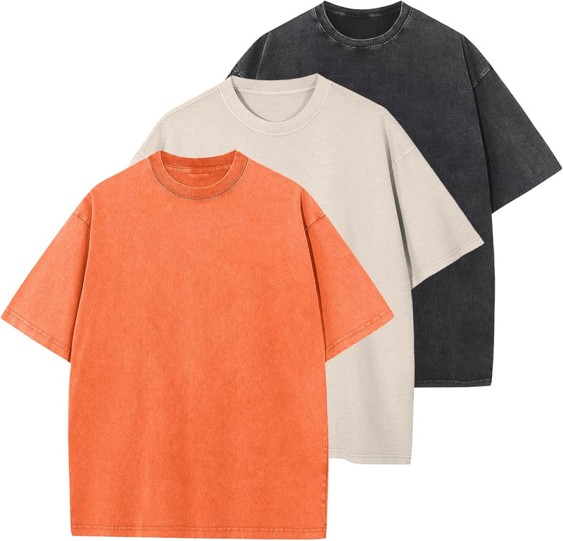 Mens Cotton T-Shirt, Oversized, Unisex, Short-Sleeved, Casual, Loose Fit, Washed, Solid Color - Orange+beige+black