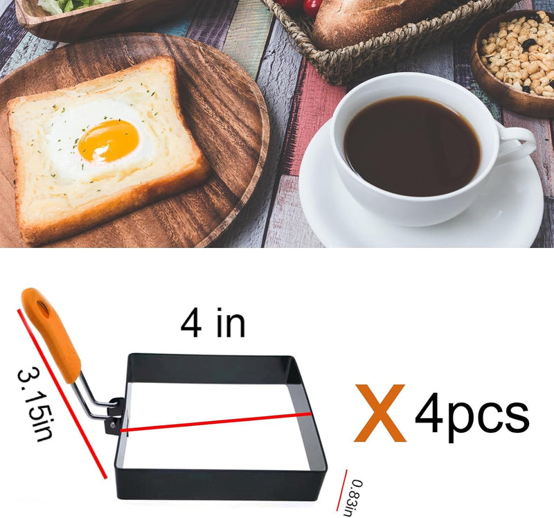 4 Inch Square Egg Rings with Foldable Silicone Handle, Non Stick Stainless Steel Egg Molds for Frying, Breakfast Sandwich Omelet Shaper for Pancakes & Muffins, 2 Pack