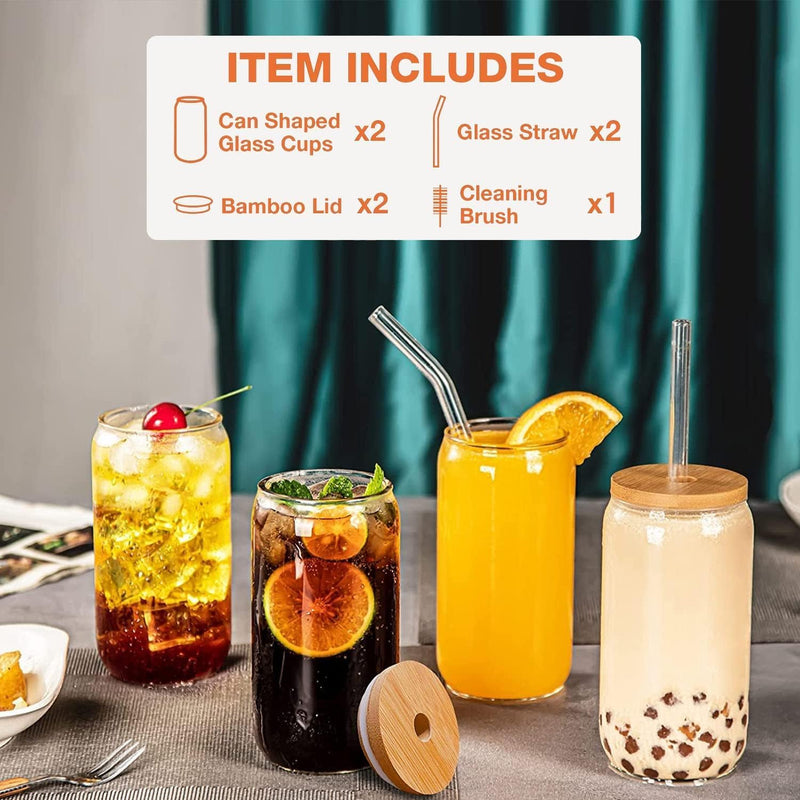 TAPIT Drinking Glasses with Bamboo Lids and Glass Straw, 13.5oz/17oz Beer Can Shaped Glass Cups, Tumbler Cup Ideal For Beer, Tea, Soda, Iced Coffee Include 2 Cleaning Brushes (2pcs,400ml*2)