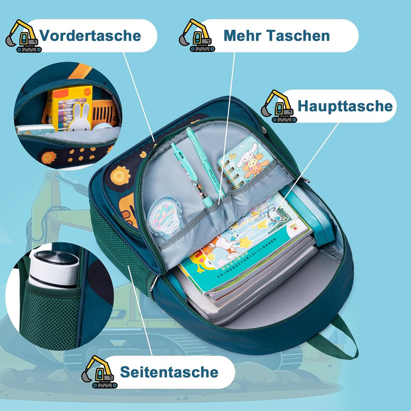 Kinder Rucksack für Jungen Mädchen Kid Rucksäcke Vorschule Kindergarten Schule Buchtasche Kind Schultasche niedliche Kindergartentasche - Excavator motif-blue