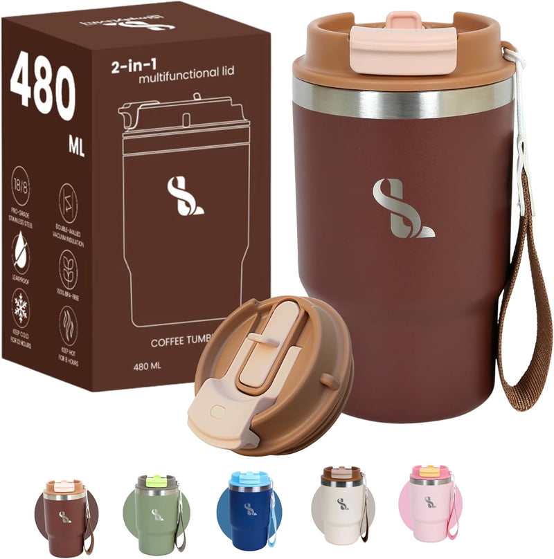 SimplyLivin. Premium Tumbler with Lid and Straw | 480ml (16oz) | Hot and Cold Drinks | Leak Proof | Travel Mug | Coffee Cup | Double Wall Stainless Steel | Unique Packaging for Gifts | Classic Beige