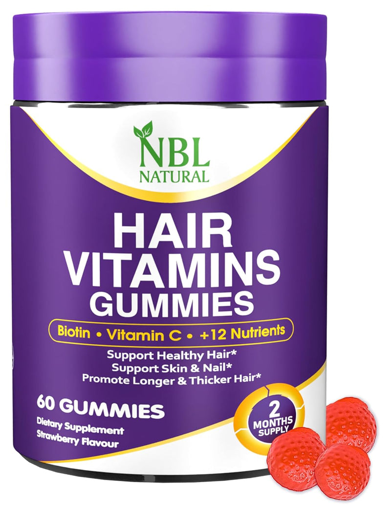 NBL Natural Hair Vitamins 60 Gummies Supplement with Vitamin C, Biotin & Folic Acid Supports Hair Growth, Hair Loss, Healthy Hair, Skin & Nails | Hair Multivitamins Supplements for Men Women's