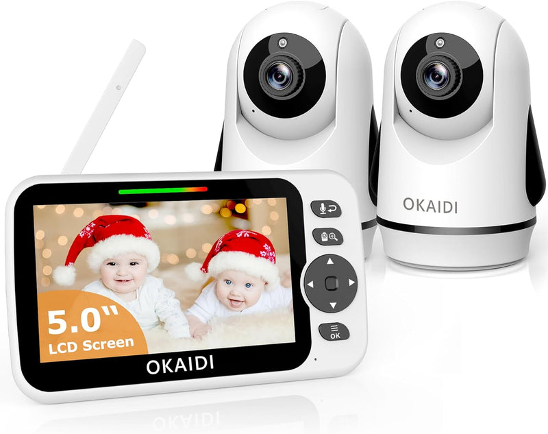 OKAIDI Video Baby Monitor with Camera and Audio, 5" Display Baby Monitor No WiFi, 30H Battery and 1000ft Range Baby Monitor, Remote Pan-Tilt-Zoom Baby Camera, Night Vision, 2-Way Talk, VOX,Temperature