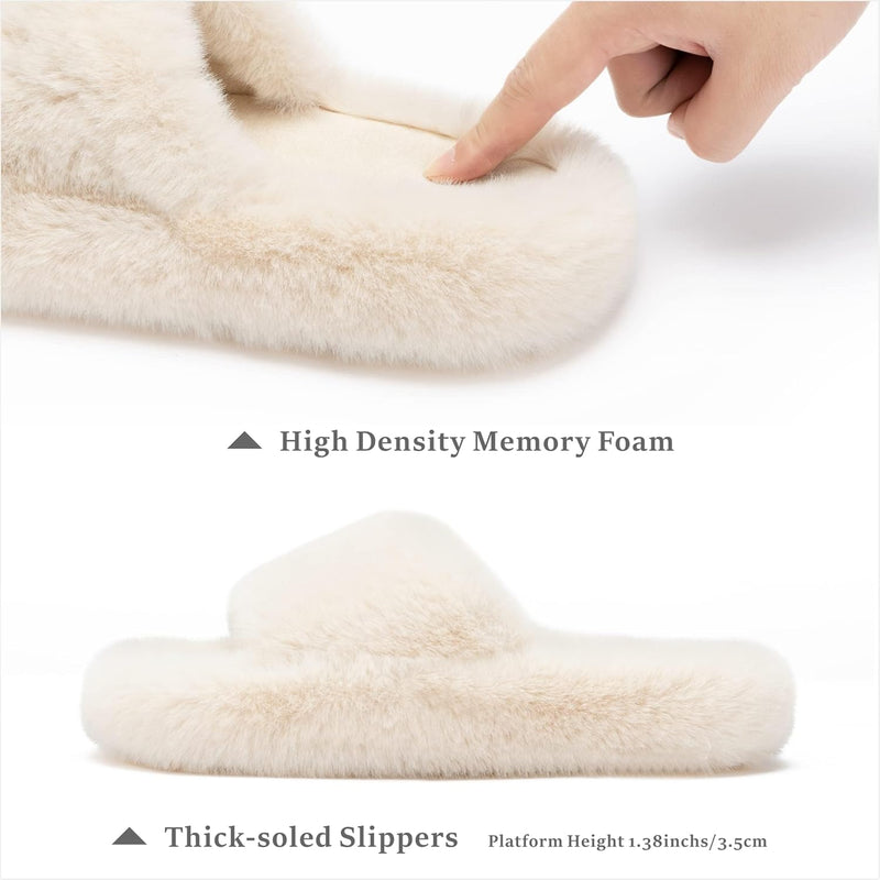 Fuzzy Slippers for Women, Memory Foam House Slippers, Platform Fluffy Slippers Fuzzy Plush Anti-Skid Furry Open toe Bedroom Shoes Faux Fur Slides for Women Trendy Womens Slippers Comfy gift (39 Size)