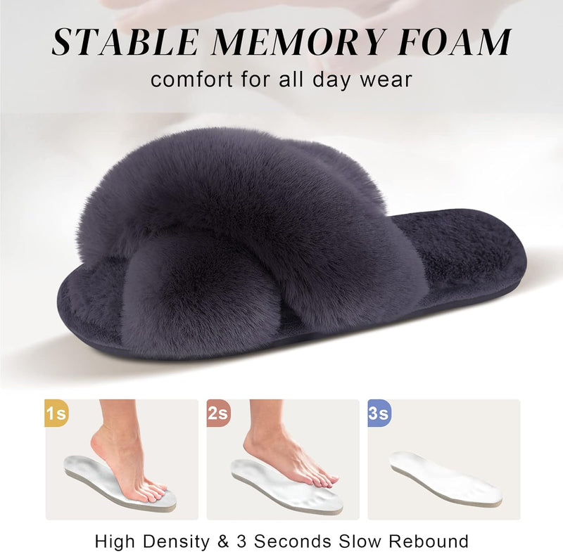 Women's Cross Band Slippers Soft Plush Furry Cozy Open Toe House Shoes Indoor Outdoor Faux Rabbit Fur Warm Comfy Slip On Breathable