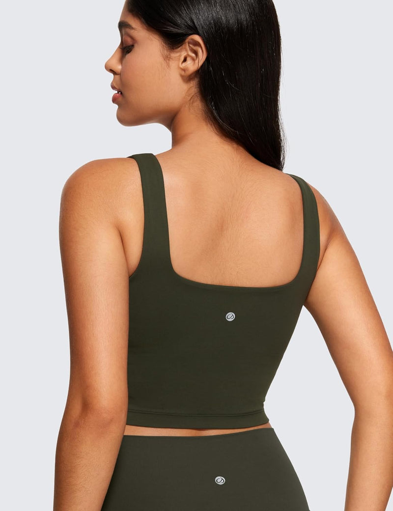 CRZ YOGA Butterluxe Womens Square Neck Longline Sports Bra - Workout Crop Tank Tops Padded Yoga Camisole with Built in Pads