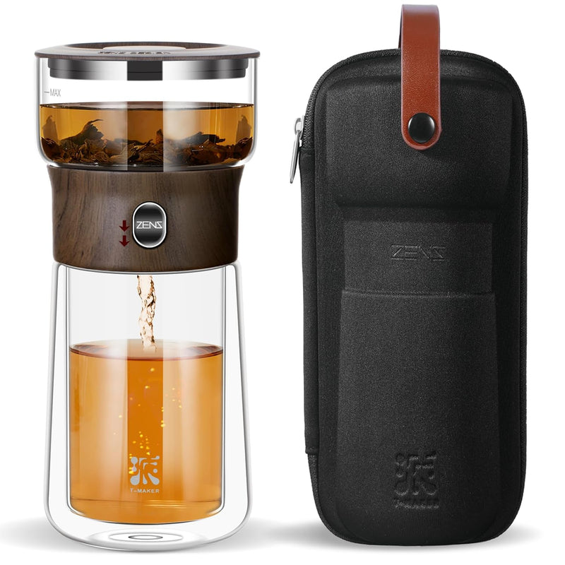 ZENS Smart One Touch Tea Maker - Glass Teapot with Insulated Cup for Gongfu Tea, Gifts